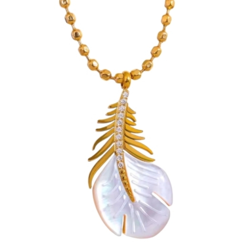 Anthropologie Gold Mother Of Pearl Leaf Pendant Necklace 18k Gold Plated | NWOT